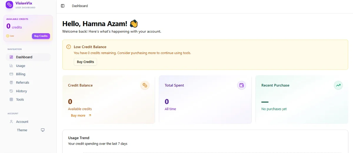VisionVix App Dashboard - User Interface